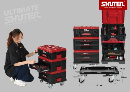 TB-1 and TB-2D toolboxes can be stacked together and equipped with the TB-1C utility cart for transporting easily.